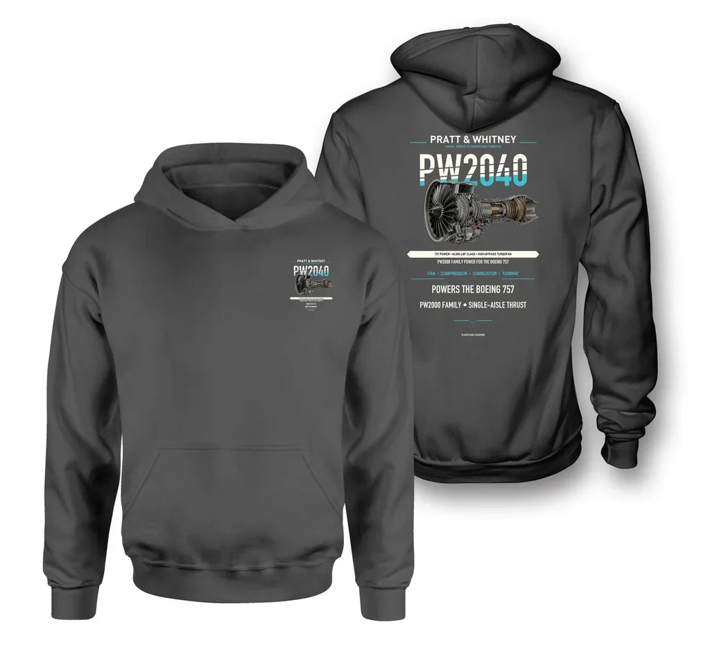 PW2040 design on dark gray hoodie