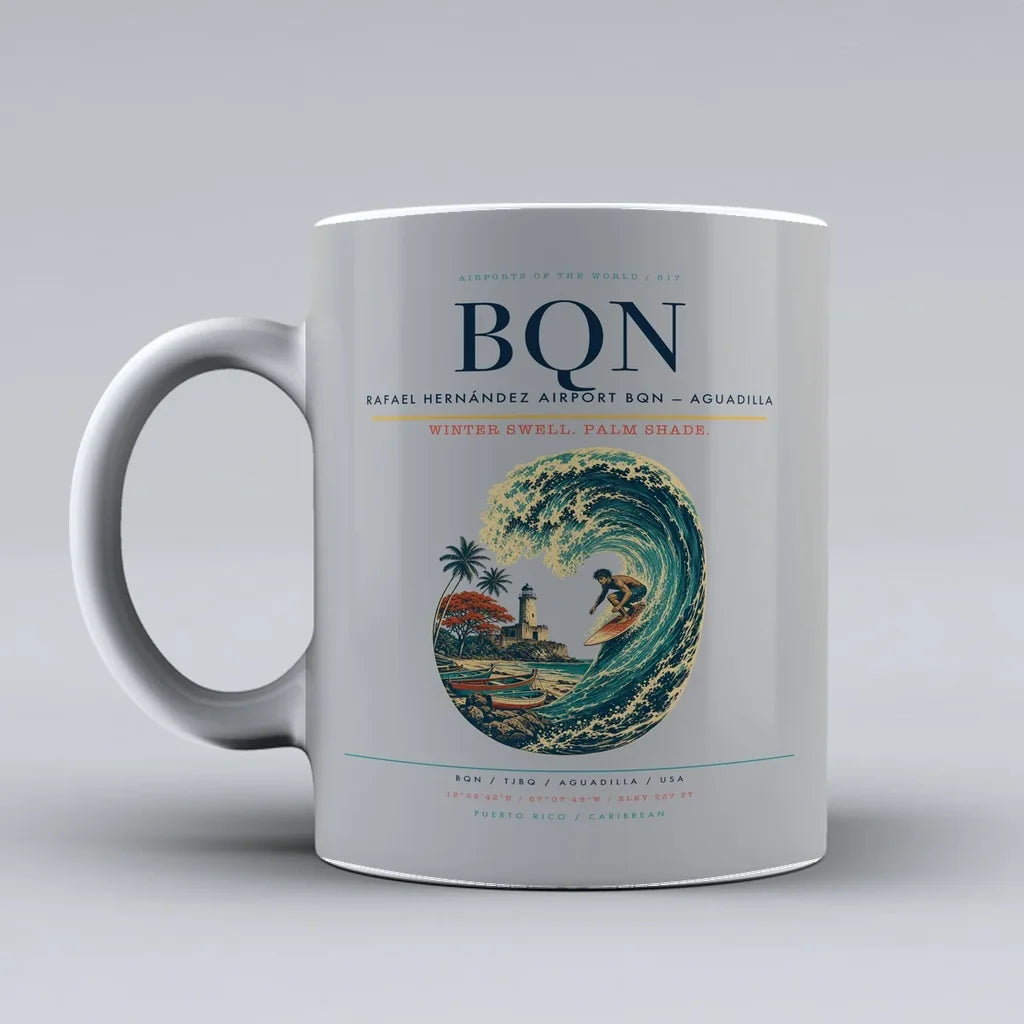 Rafael Hernández Airport (BQN) airport code design on light gray ceramic mug