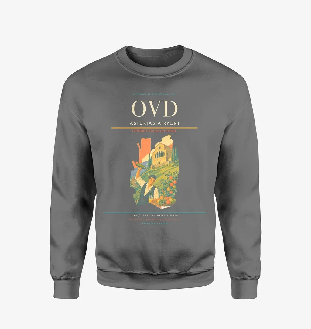 Asturias Airport (OVD) design on gray sweatshirt