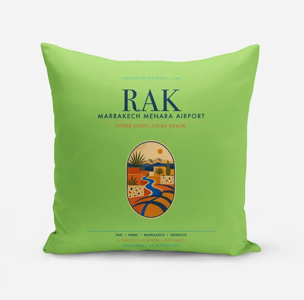 Marrakech Menara Airport (RAK) design on light green pillow
