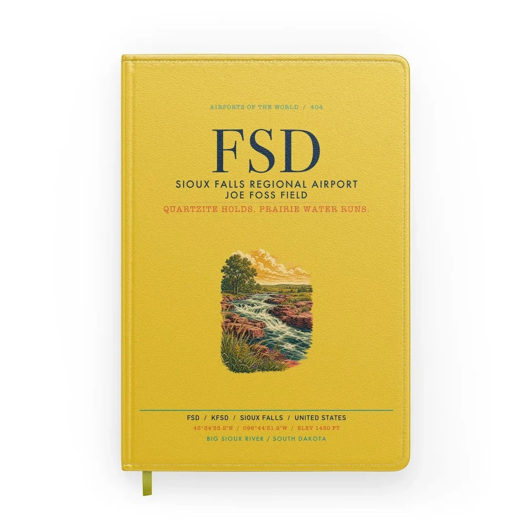 Sioux Falls Regional Airport Joe Foss Field (FSD) design on yellow notebook