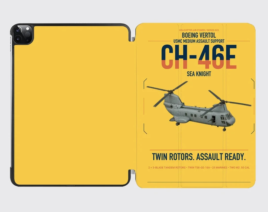 Boeing Vertol CH-46E Sea Knight design on yellow ipad tablet case