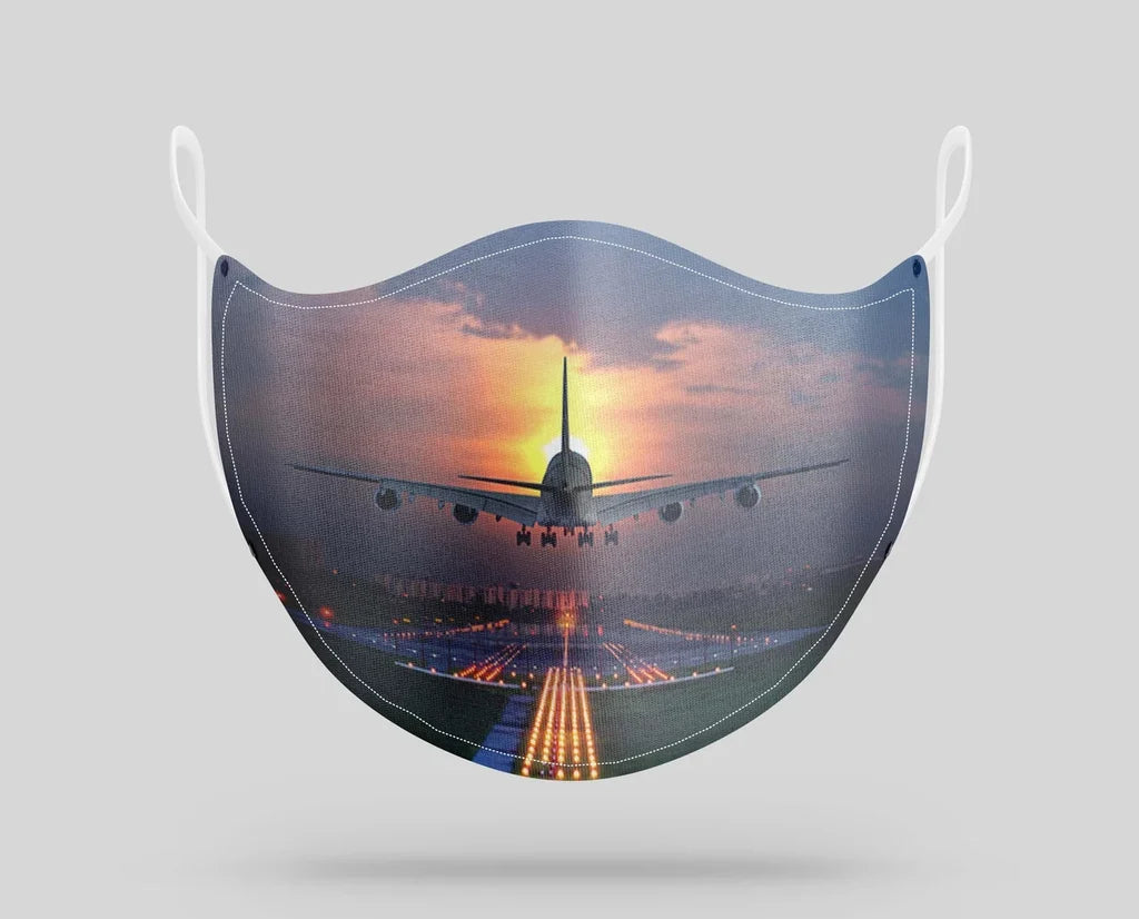 Super Airbus A380 Landing During Sunset aviation face mask in breathable cotton blend.