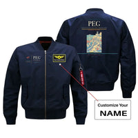 Thumbnail for Perugia San Francesco d'Assisi – Umbria International Airport (PEG) design on blue bomber jacket with custom name patch