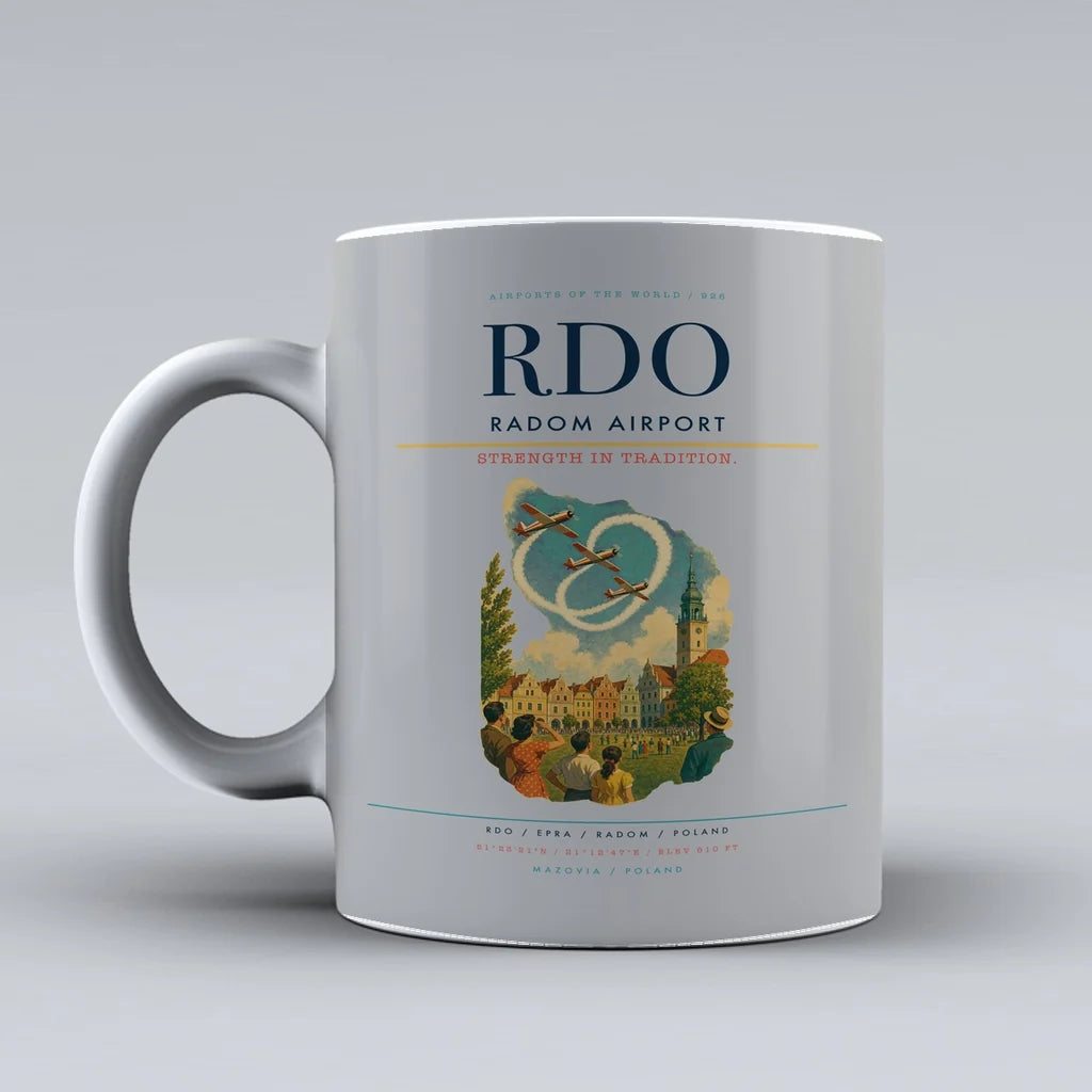 Radom Airport (RDO) airport code design on light gray ceramic mug