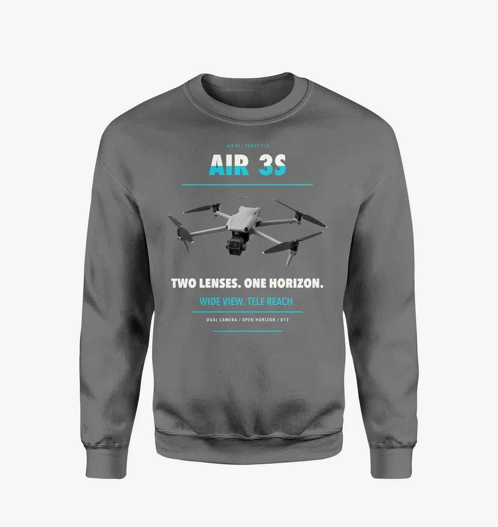 DJI Air 3S design on gray sweatshirt