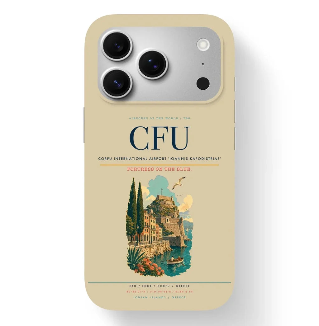 Corfu Airport (CFU) design on beige iPhone 17 Pro MagSafe case