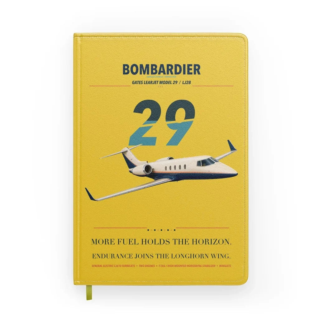 Bombardier Learjet 29 design on yellow notebook