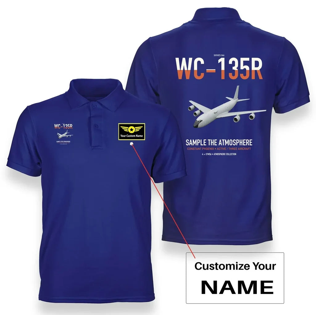 WC-135R Constant Phoenix design on blue+name double-side polo t-shirt, double-side print