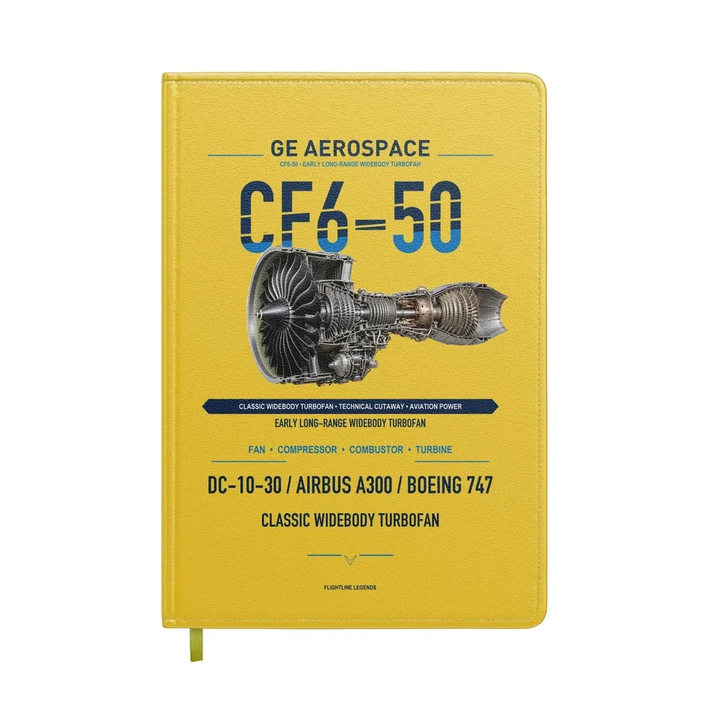 CF6-50 design on yellow notebook