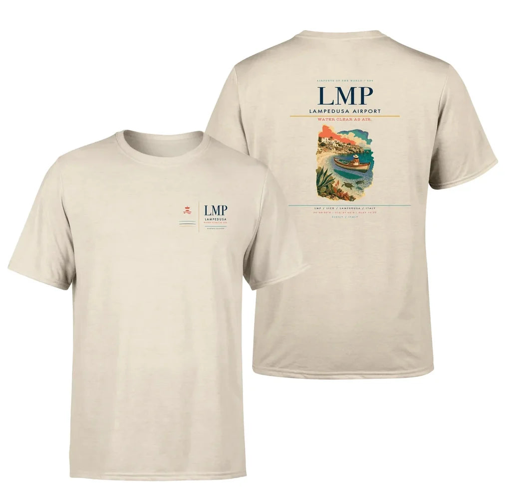 Lampedusa Airport (LMP) design printed on beige double-side t-shirt