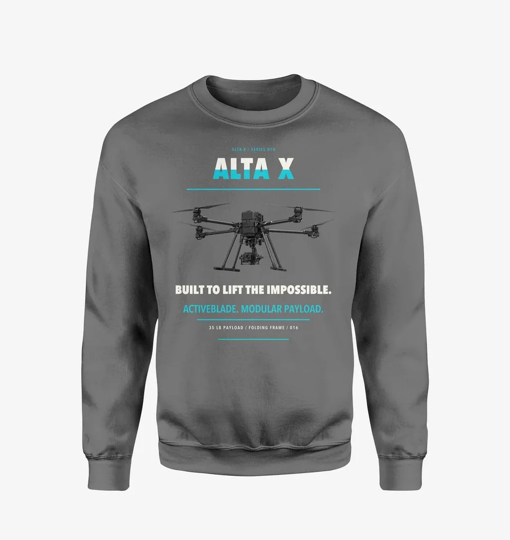 Freefly Alta X design on gray sweatshirt