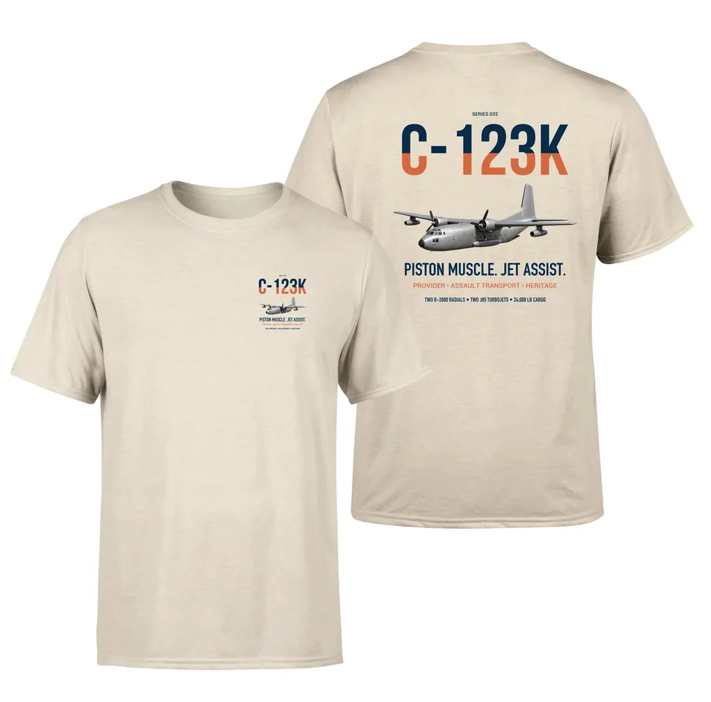 C-123K Provider design on beige double-side t-shirt, double-side print