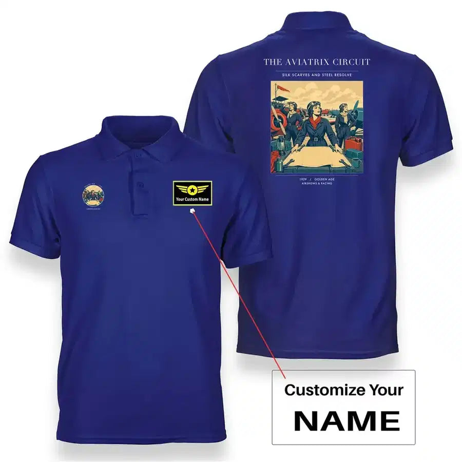VINTAGE G4164 - The Aviatrix Circuit - Double-Side Polo T-Shirt design on blue+name