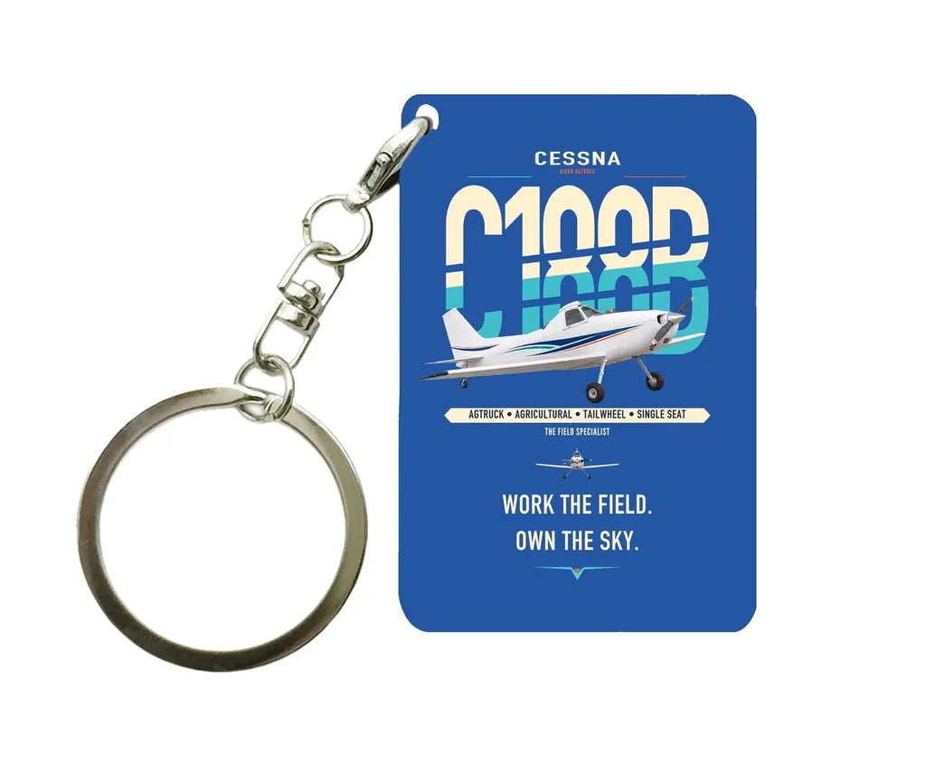 Cessna A188B AgTruck design on blue designed key chain, double-side print