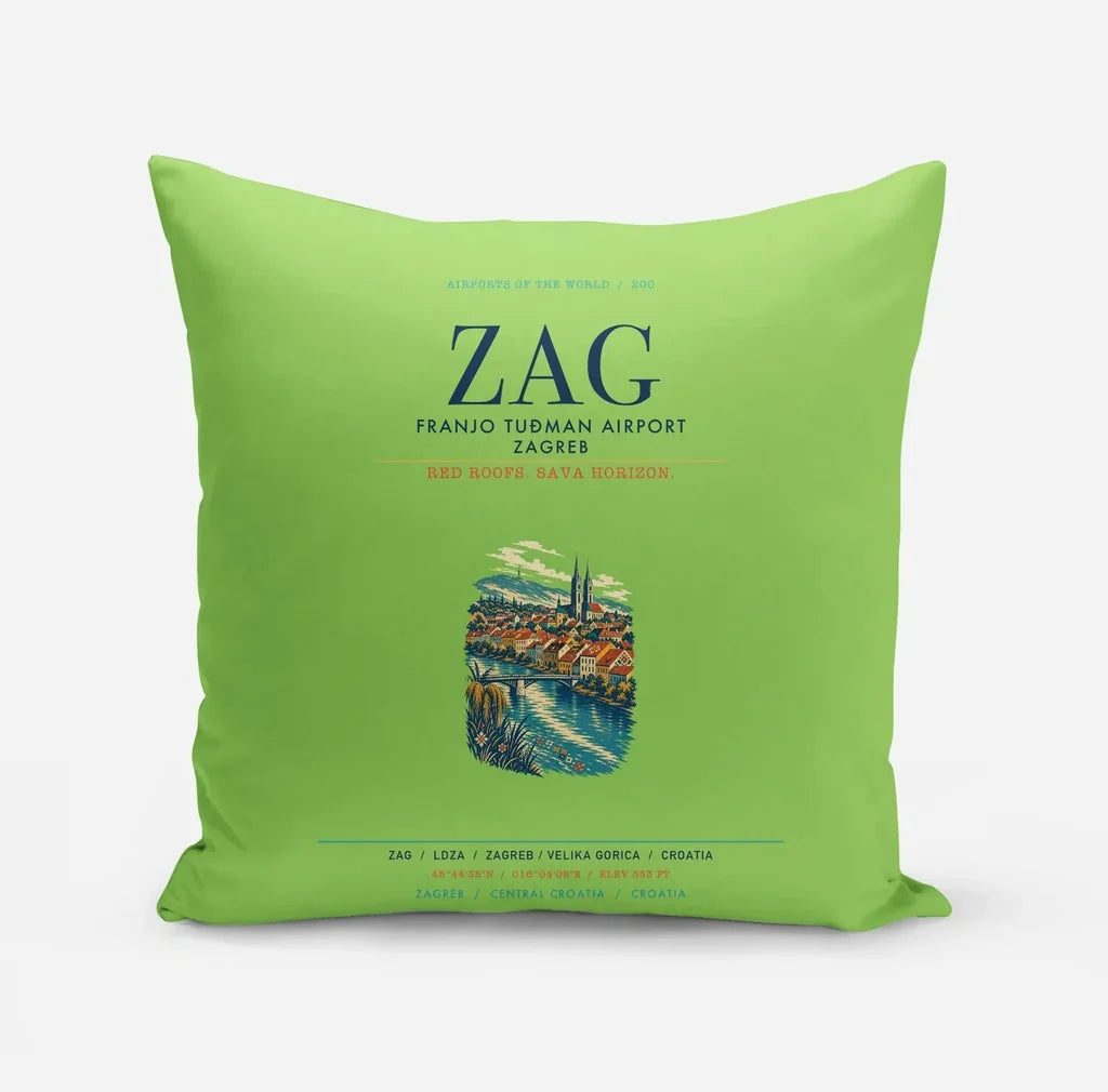 Franjo Tuđman Airport Zagreb (ZAG) design on light green pillow