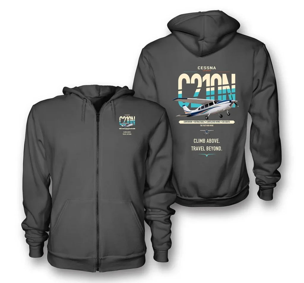 Cessna T210N Centurion design on dark gray premium zipped hoodie, double-side print