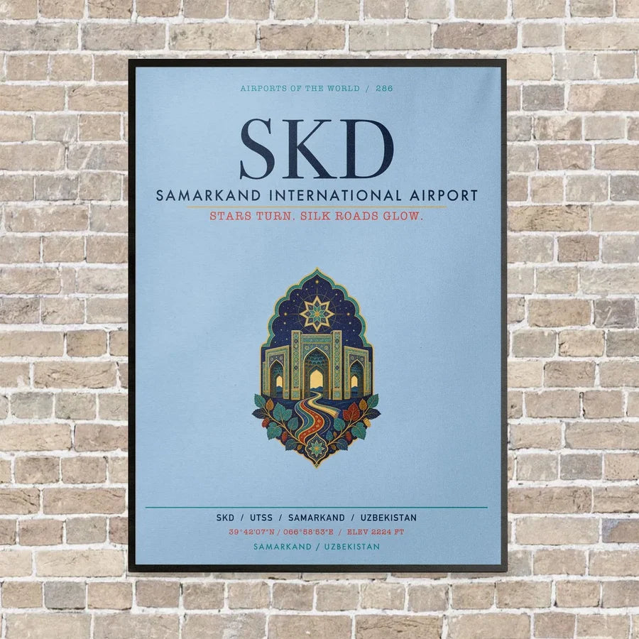 Samarkand International Airport SKD vertical canvas print - framed - light blue background