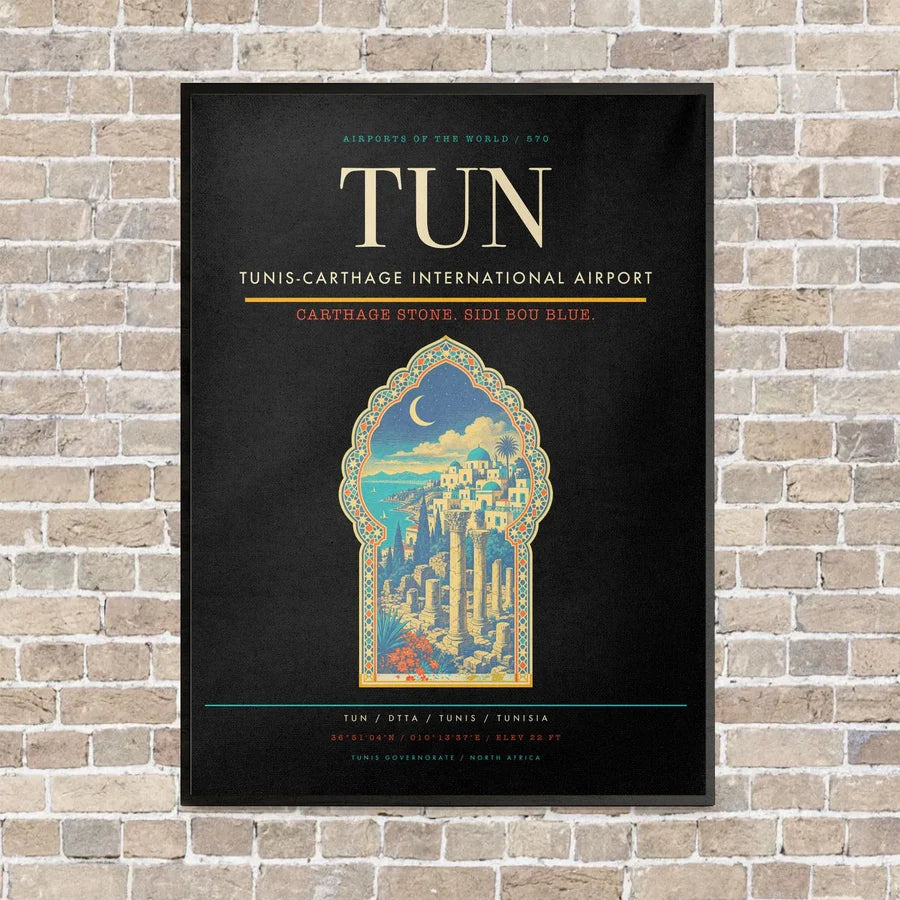 Tunis-Carthage International Airport TUN vertical canvas print - framed - black background