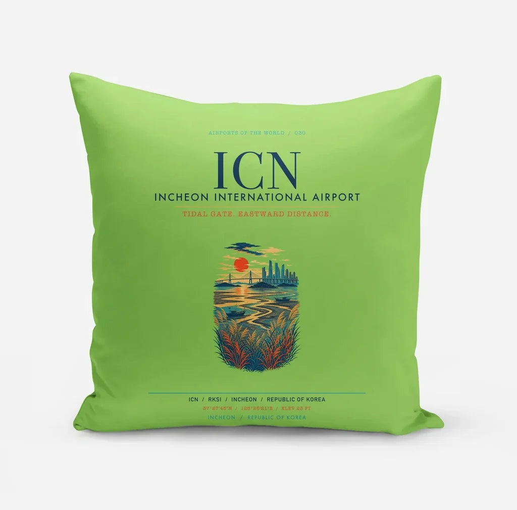 Incheon International Airport (ICN) design on light green pillow