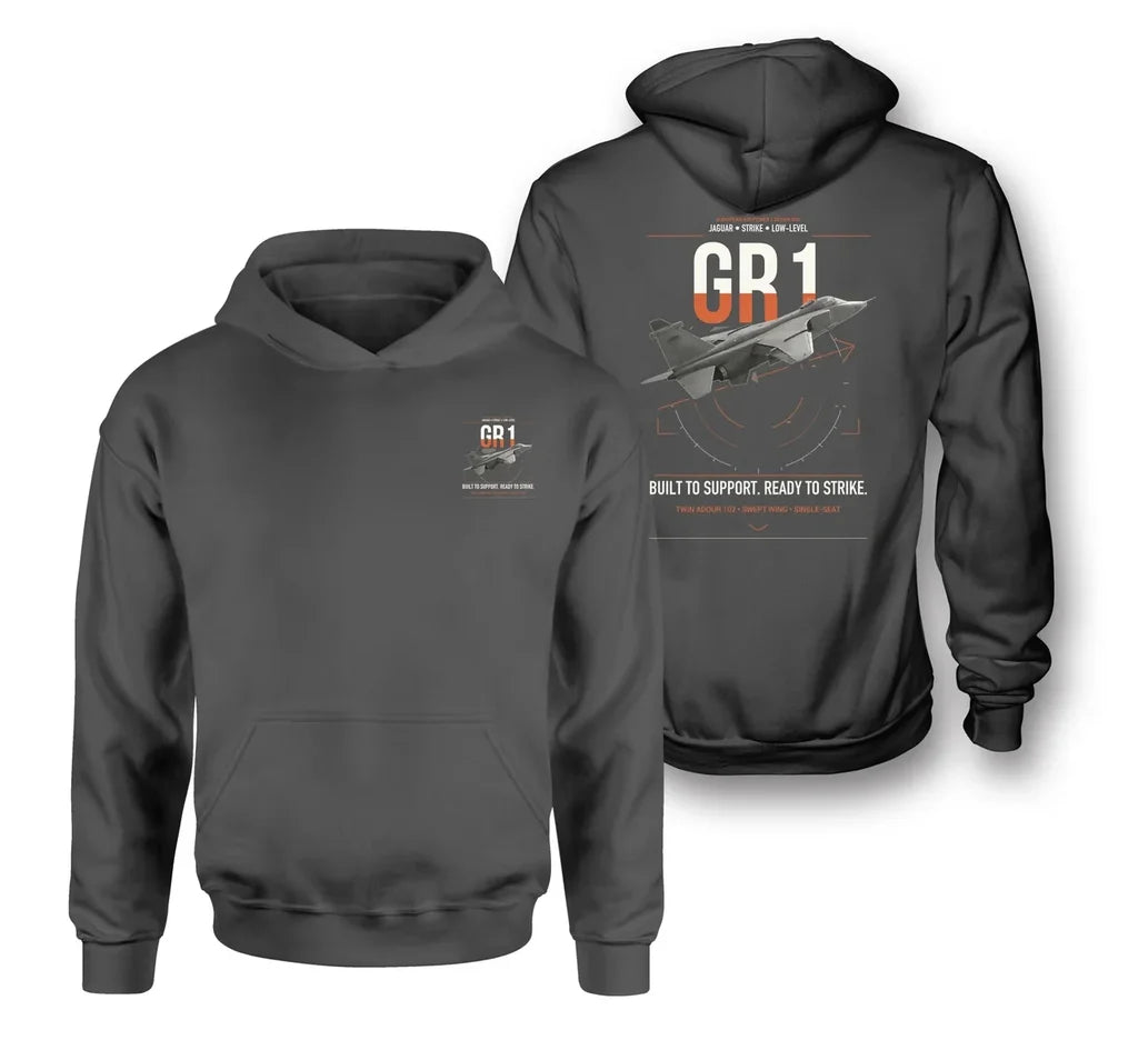 SEPECAT Jaguar GR1 design on dark gray double-side hoodie, double-side print