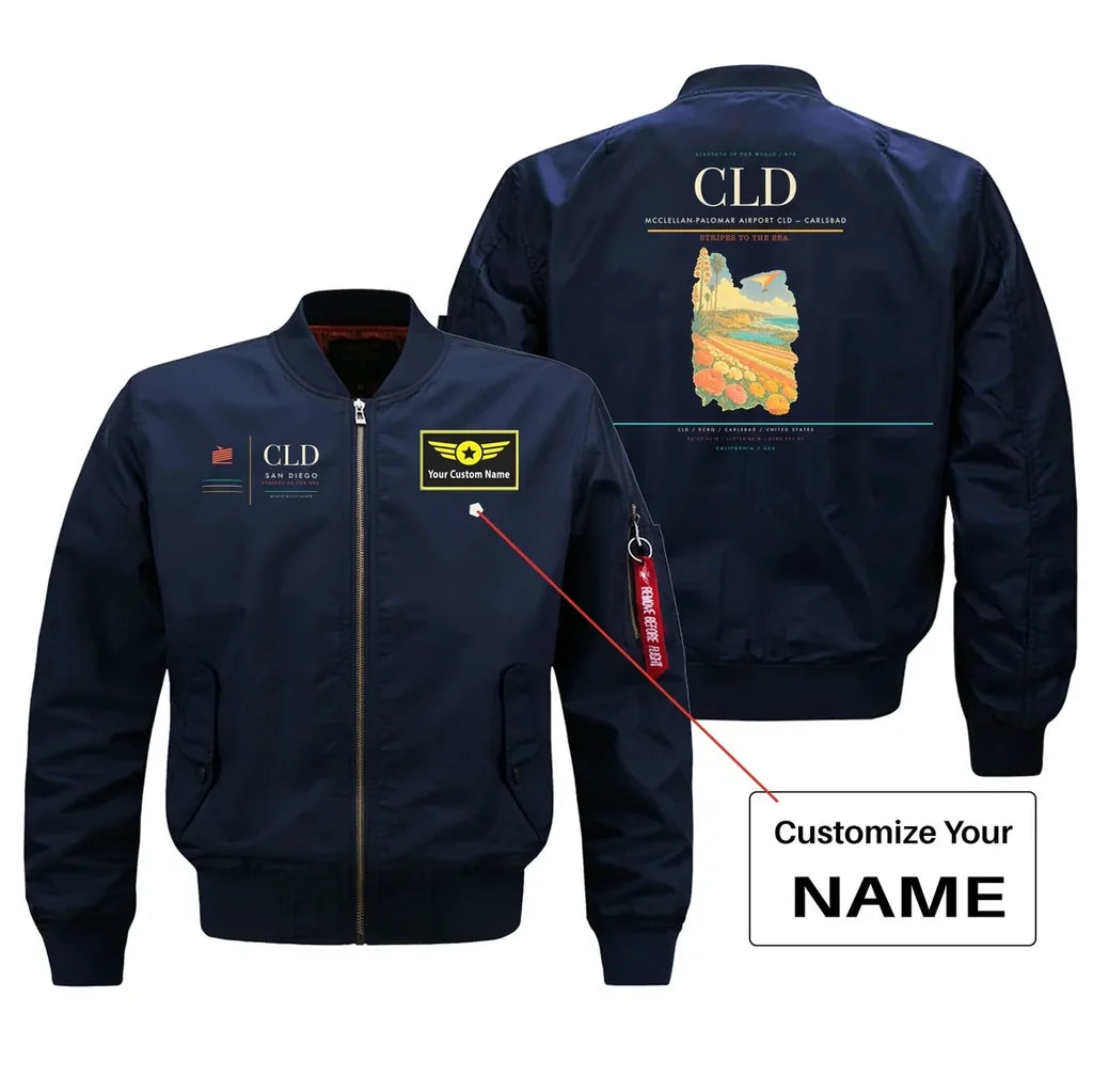 McClellan-Palomar Airport (CLD) design on blue bomber jacket with custom name patch