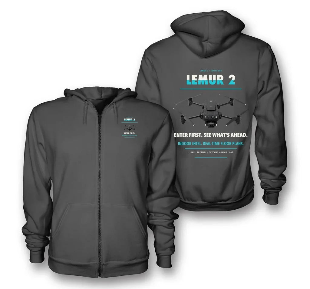 BRINC LEMUR 2 design on dark gray zipped hoodie