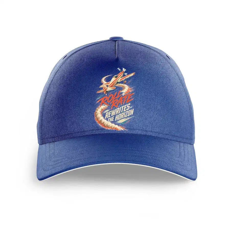 Roll Rate Rewrites The Horizon design on blue printed hat