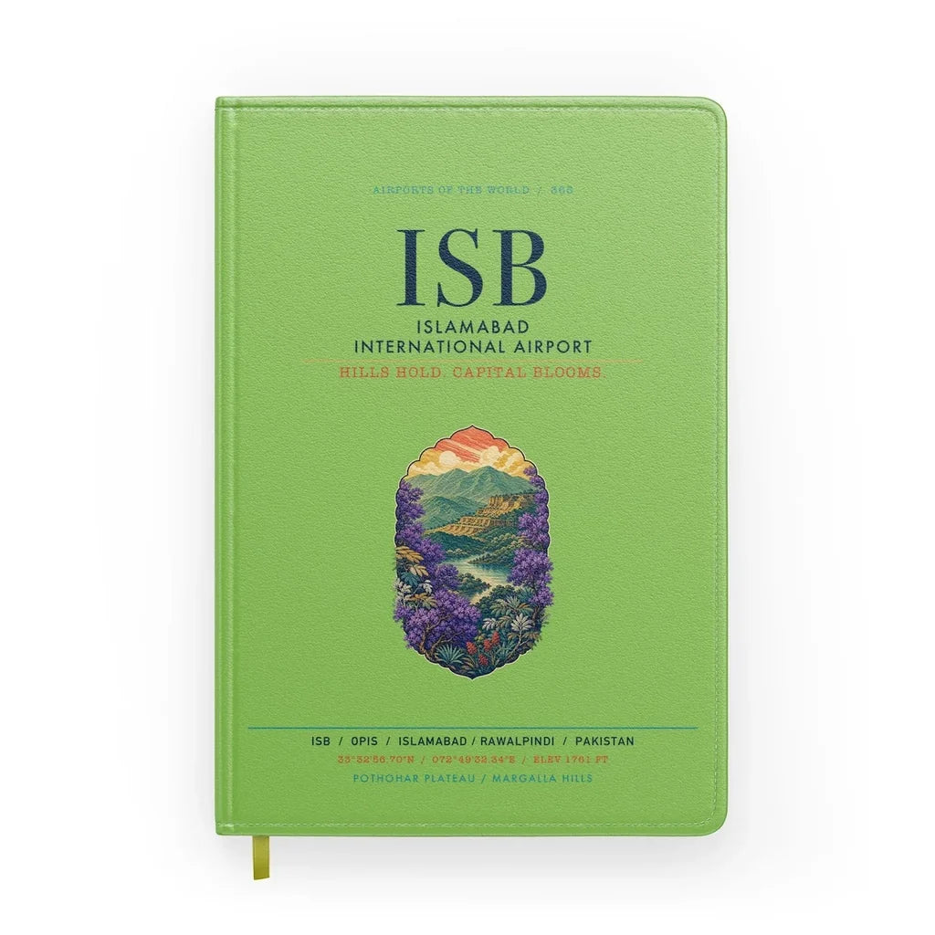 Islamabad International Airport (ISB) design on light green notebook