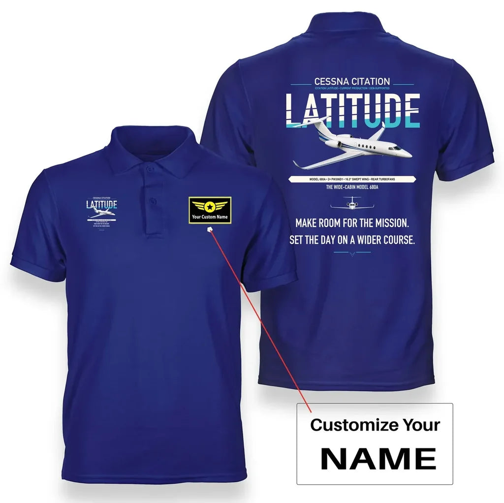 Cessna Citation Latitude design on blue+name double-side polo t-shirt, double-side print