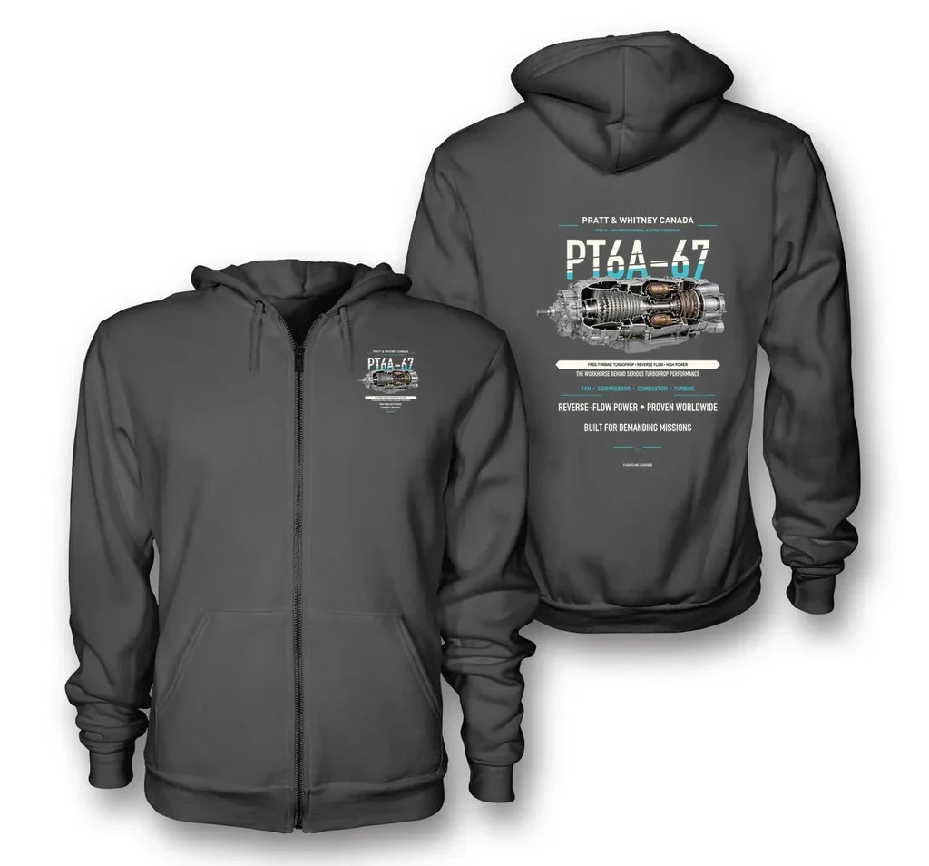 PT6A-67 design on dark gray zipped hoodie