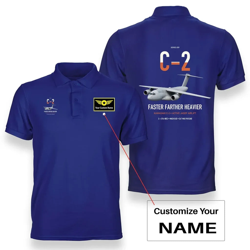 Kawasaki C-2 design on blue+name double-side polo t-shirt, double-side print