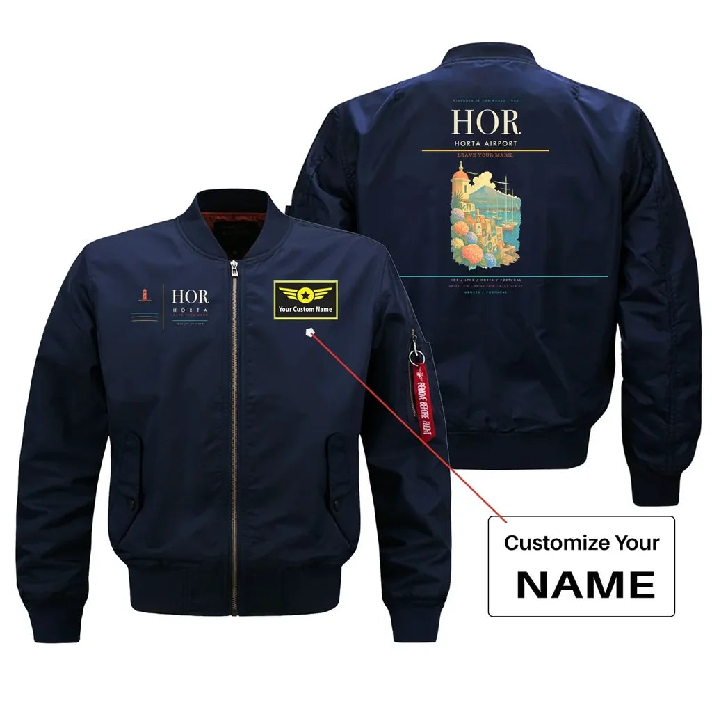 Horta Airport (HOR) design on blue bomber jacket with custom name patch