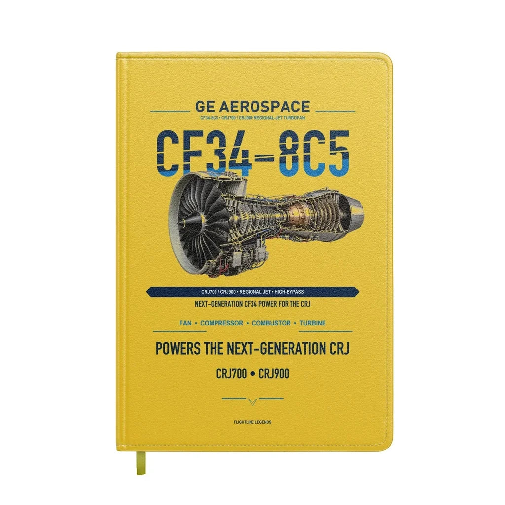 CF34-8C5 design on yellow notebook