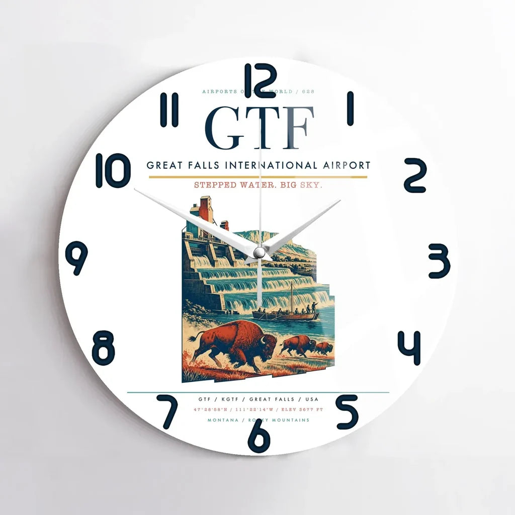 Great Falls International Airport (GTF) design on white no frame wall clock