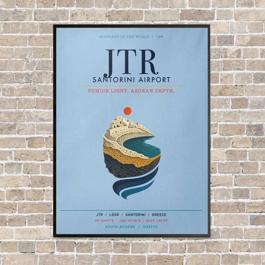 Santorini Airport JTR vertical canvas print - framed - light blue background