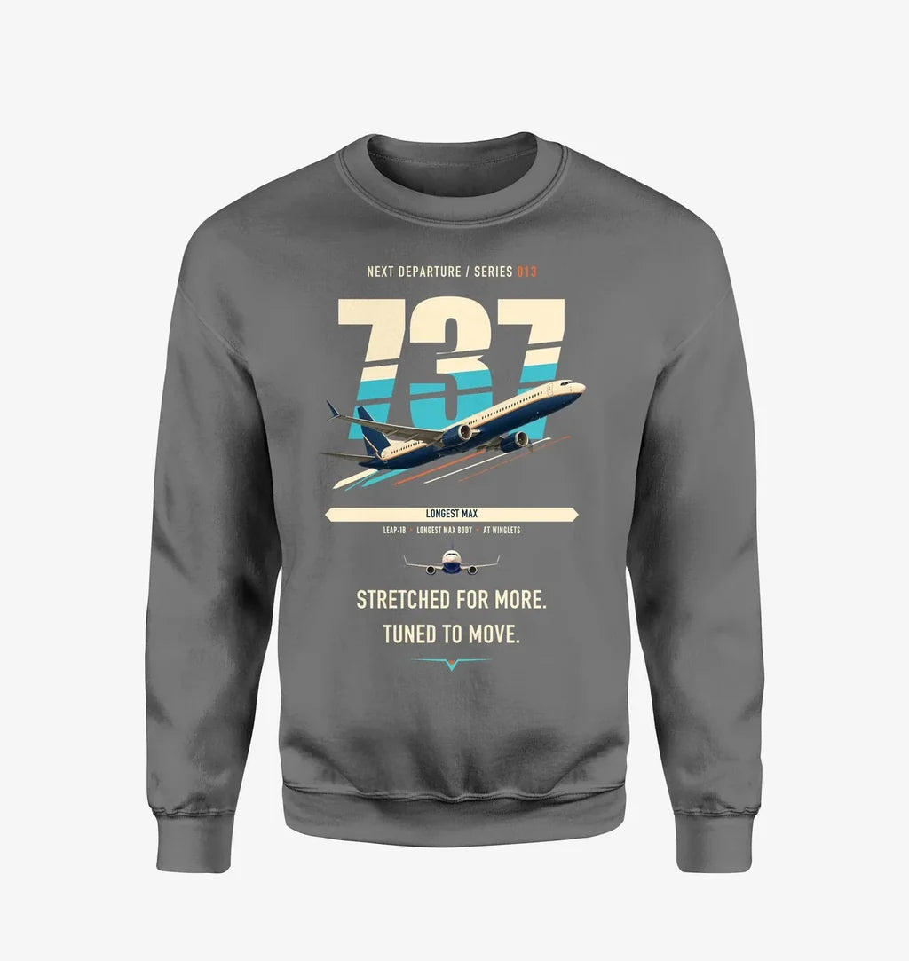Boeing 737 MAX 10 design on gray sweatshirt