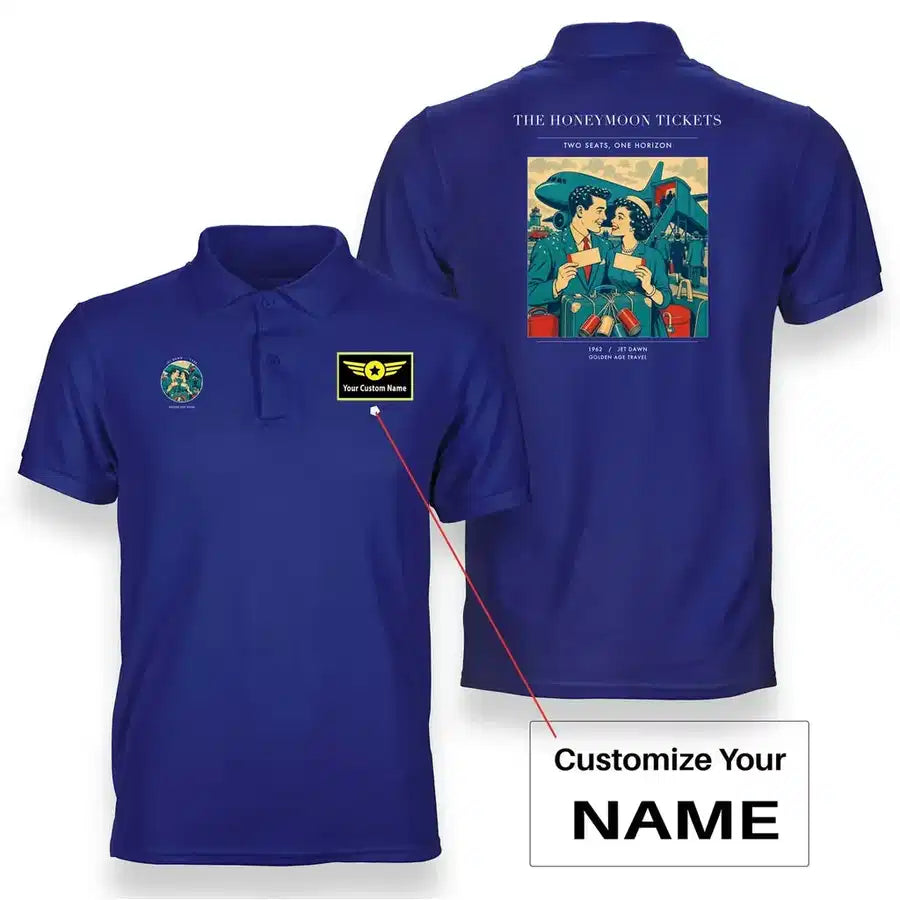 VINTAGE G4227 - The Honeymoon Tickets - Double-Side Polo T-Shirt design on blue+name