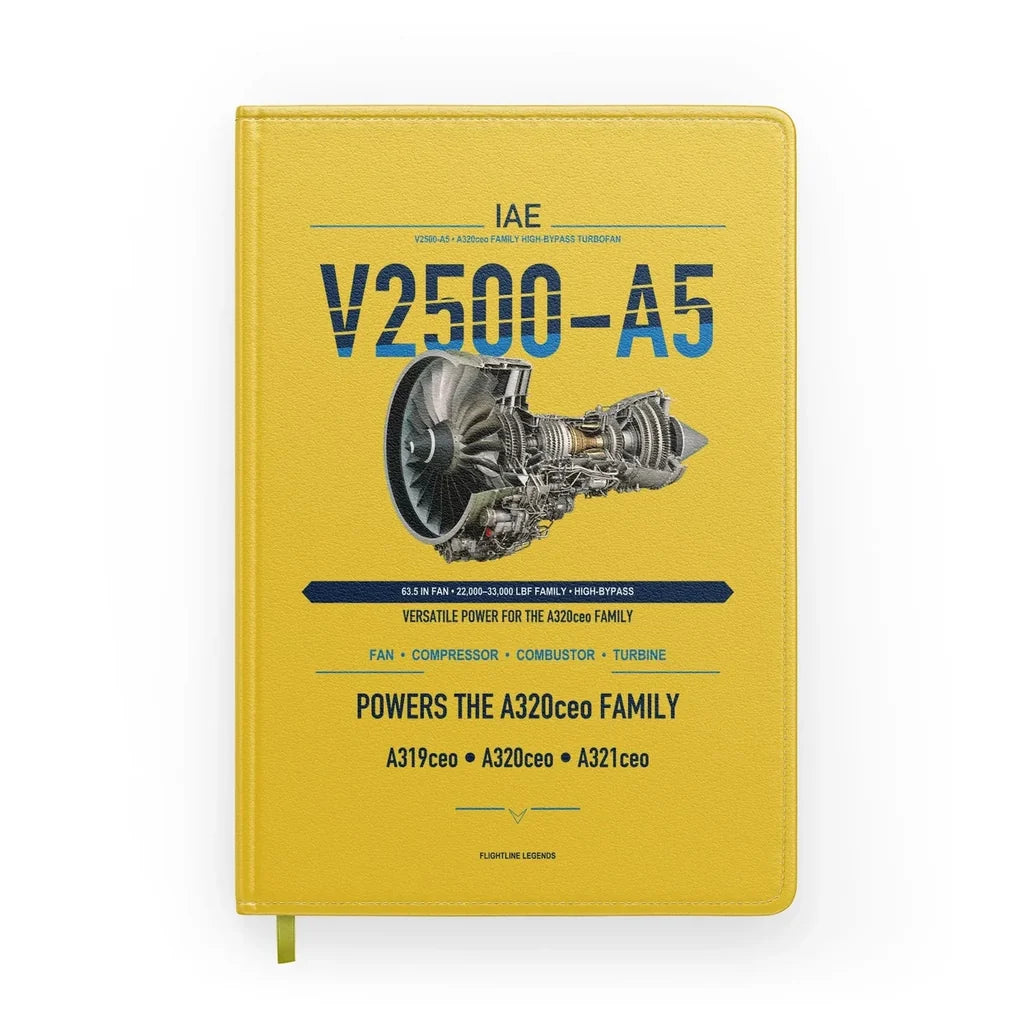V2500-A5 design on yellow notebook