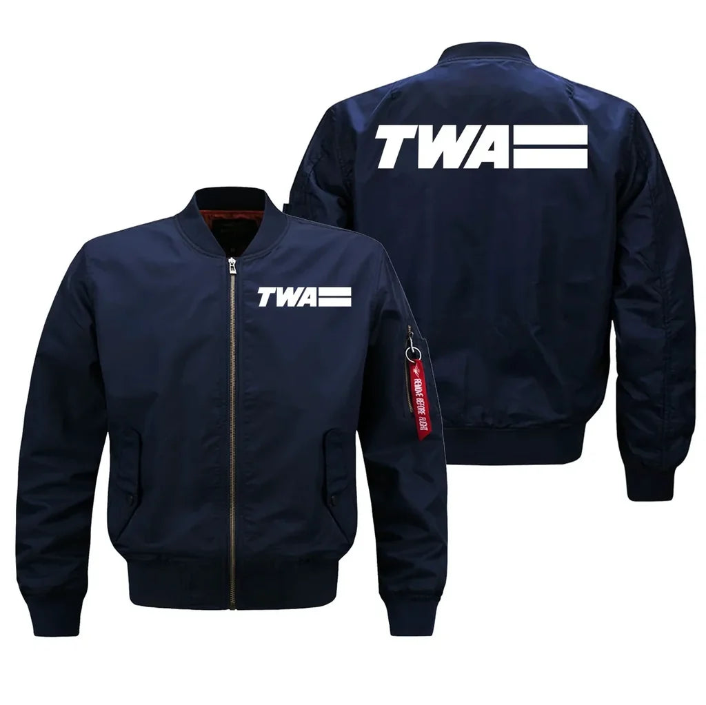 Trans World Airlines (TWA) logo on blue bomber jacket