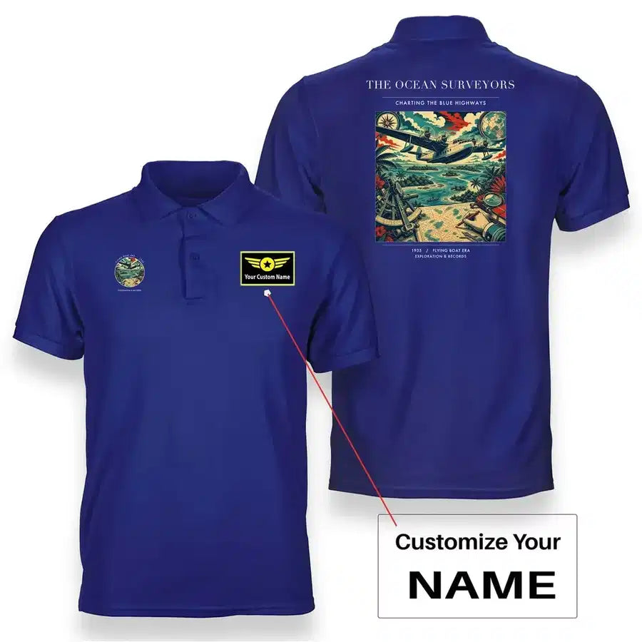 VINTAGE G4064 - The Ocean Surveyors - Double-Side Polo T-Shirt design on blue+name