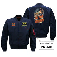 Thumbnail for SIGNAL 656 - The Past Still Has Horsepower - Bomber Jacket design on blue bomber jacket with custom name badge