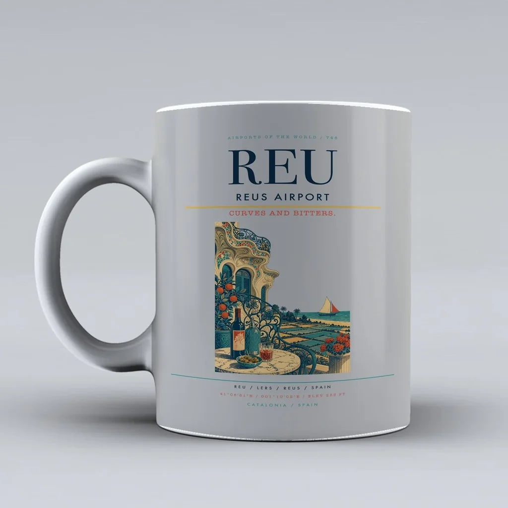 Reus Airport (REU) airport code design on light gray ceramic mug