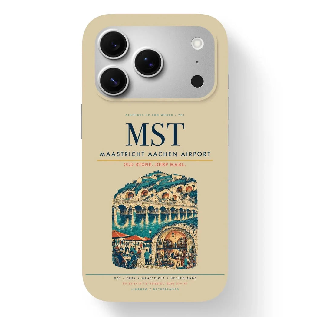 Maastricht Airport (MST) design on beige iPhone 17 Pro MagSafe case
