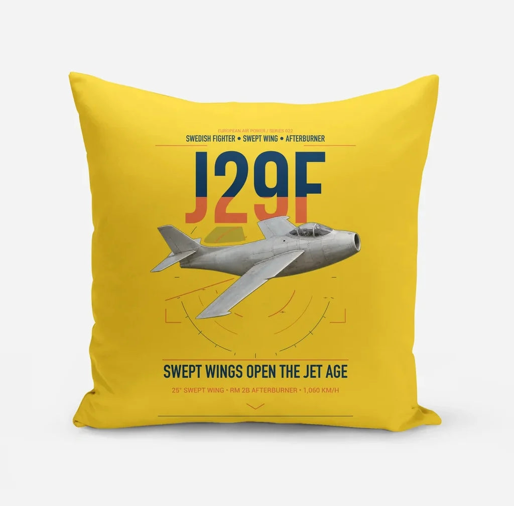 Saab J 29F Tunnan design on yellow pillow