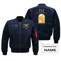 Thumbnail for Fes (FEZ) design on blue bomber jacket with custom name patch