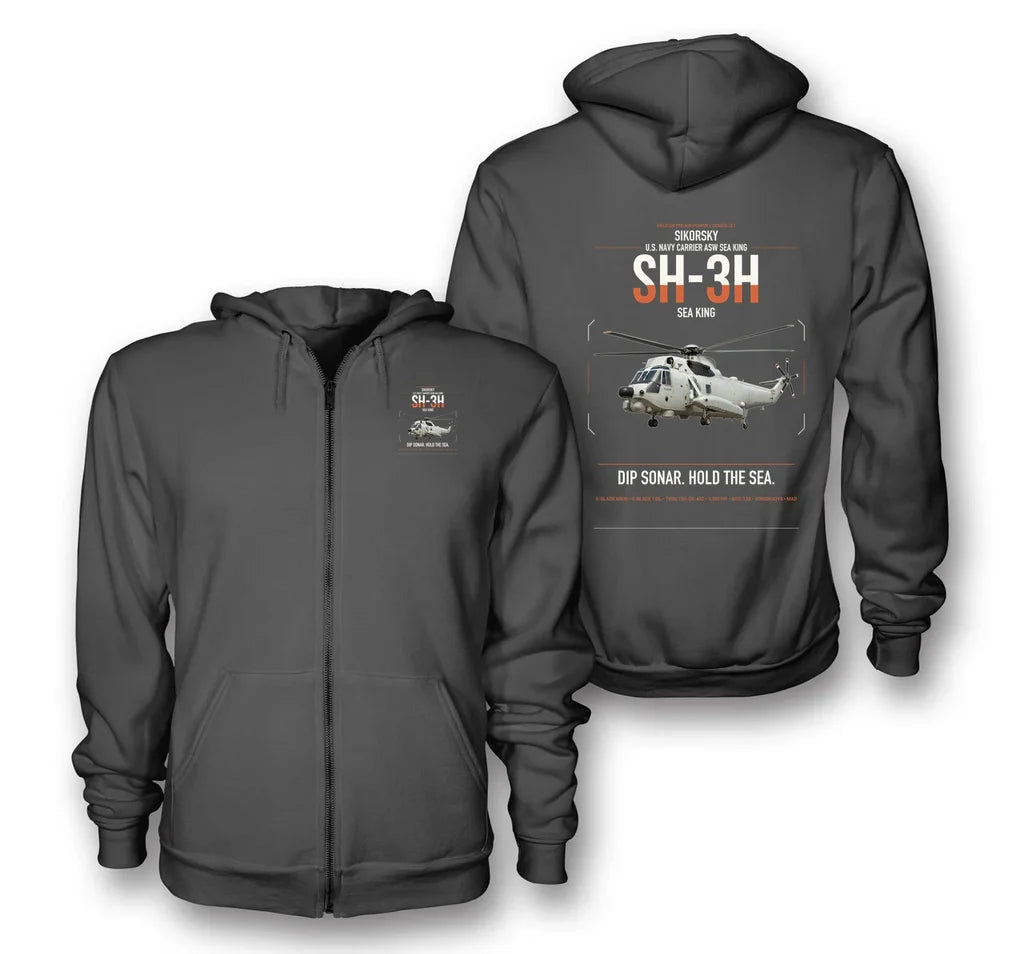 Sikorsky SH-3H Sea King design on dark gray premium zipped hoodie, double-side print