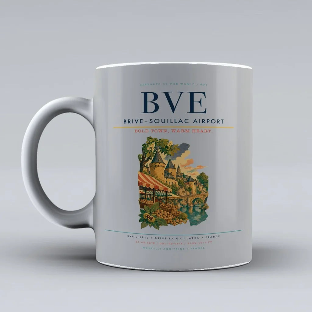 Brive–Souillac Airport (BVE) airport code design on light gray ceramic mug