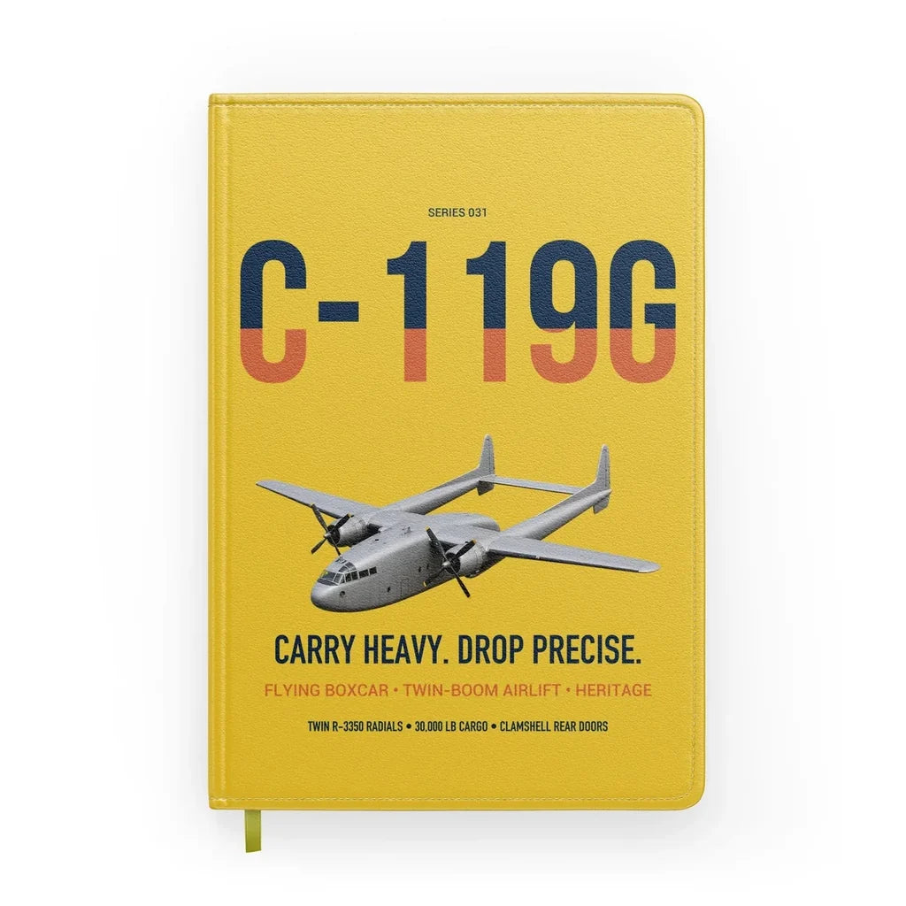 C-119G Flying Boxcar design on yellow notebook