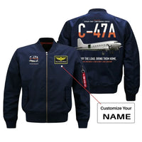 Thumbnail for C-47A Skytrain design on blue+name bomber jacket, double-side print